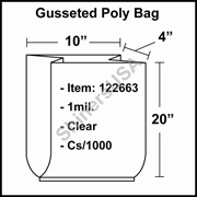 1 mil Gusseted Plastic Poly Bag 10" x 4" x 20" Clear cs/1000