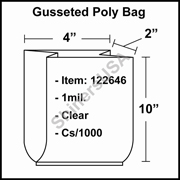 1 mil Gusseted Plastic Poly Bag 4" x 2" x 10" Clear cs/1000