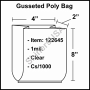 1 mil Gusseted Plastic Poly Bag 4" x 2" x 8" Clear cs/1000