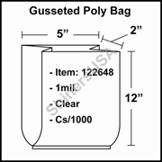 1 mil Gusseted Plastic Poly Bag 5" x 2" x 12" Clear cs/1000