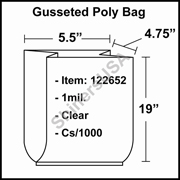 1 mil Gusseted Plastic Poly Bag 5.5" x 4.75" x 19" Clear cs/1000