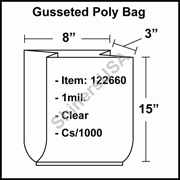 1 mil Gusseted Plastic Poly Bag 8" x 3" x 15" Clear cs/1000