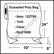 1-mil Gusseted Poly Bag 10" x 8" x 24" Clear - RL/1000