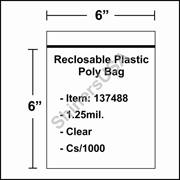 1.25 mil Reclosable Plastic Poly Bag 6" x 6" Clear cs/1000