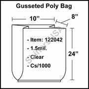 1.5 mil Gusseted Plastic Poly Bag 10" x 8" x 24" Clear cs/1000