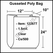 1.5 mil Gusseted Plastic Poly Bag 12" x 10" x 24" Clear cs/500