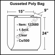 1.5 mil Gusseted Plastic Poly Bag 15" x 9" x 24" Clear cs/500