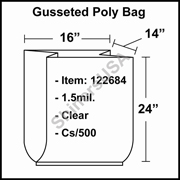 1.5 mil Gusseted Plastic Poly Bag 16" x 14" x 24" Clear cs/500