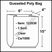 1.5 mil Gusseted Plastic Poly Bag 6" x 4" x 15" Clear cs/1000