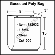 1.5 mil Gusseted Plastic Poly Bag 8" x 3" x 15" Clear cs/1000