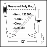 1.5-mil Gusseted Poly Bag 12" x 8" x 30" Clear - RL/500