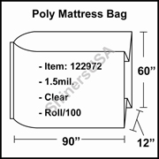 1.5 mil Poly Plastic Mattress Bag 60" x 12" x 90" Clear - RL/100