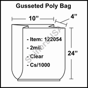 2 mil Gusseted Plastic Poly Bag 10" x 4" x 24" Clear cs/1000