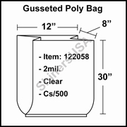 2 mil Gusseted Plastic Poly Bag 12" x 8" x 30" Clear cs/500