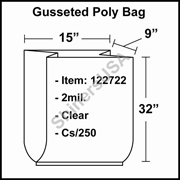 2 mil Gusseted Plastic Poly Bag 15" x 9" x 32" Clear cs/250