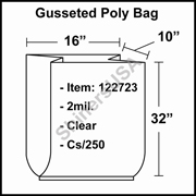 2 mil Gusseted Plastic Poly Bag 16" x 10" x 32" Clear cs/250