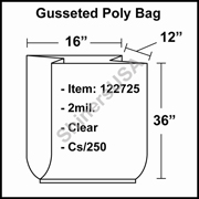 2 mil Gusseted Plastic Poly Bag 16" x 12" x 36" Clear cs/250