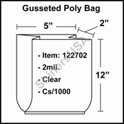 2 mil Gusseted Plastic Poly Bag 5" x 2" x 12" Clear cs/1000