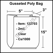 2 mil Gusseted Plastic Poly Bag 5" x 3" x 15" Clear cs/1000