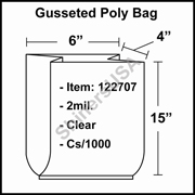 2 mil Gusseted Plastic Poly Bag 6" x 4" x 15" Clear cs/1000