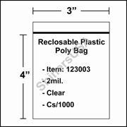 2 mil Reclosable Plastic Poly Bag 3" x 4" Clear cs/1000