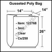 3 mil Gusseted Plastic Poly Bag 14" x 14" x 26" Clear cs/250