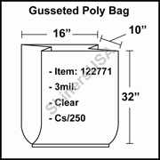 3 mil Gusseted Plastic Poly Bag 16" x 10" x 32" Clear cs/250