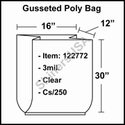 3 mil Gusseted Plastic Poly Bag 16" x 12" x 30" Clear cs/250