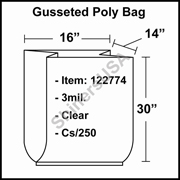 3 mil Gusseted Plastic Poly Bag 16" x 14" x 30" Clear cs/250