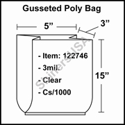 3 mil Gusseted Plastic Poly Bag 5" x 3" x 15" Clear cs/1000