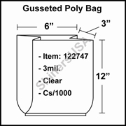 3 mil Gusseted Plastic Poly Bag 6" x 3" x 12" Clear cs/1000