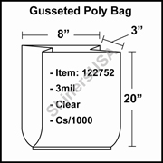 3 mil Gusseted Plastic Poly Bag 8" x 3" x 20" Clear cs/1000