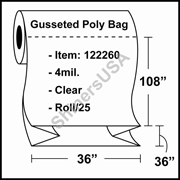 4 mil Gusseted Plastic Poly Bag 36" x 36" x 108" Clear - RL/25